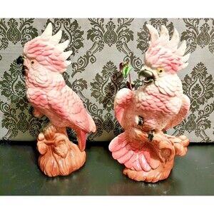 RARE FIND! MCM Vintage Pink Cockatoo Ceramic Figurine Planter PAIR!!! WOW